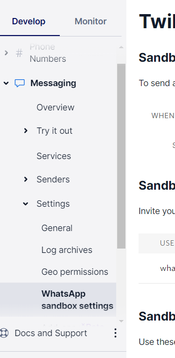 Side menu in the Twilio console, highlighting the "WhatsApp sandbox Settings" option.