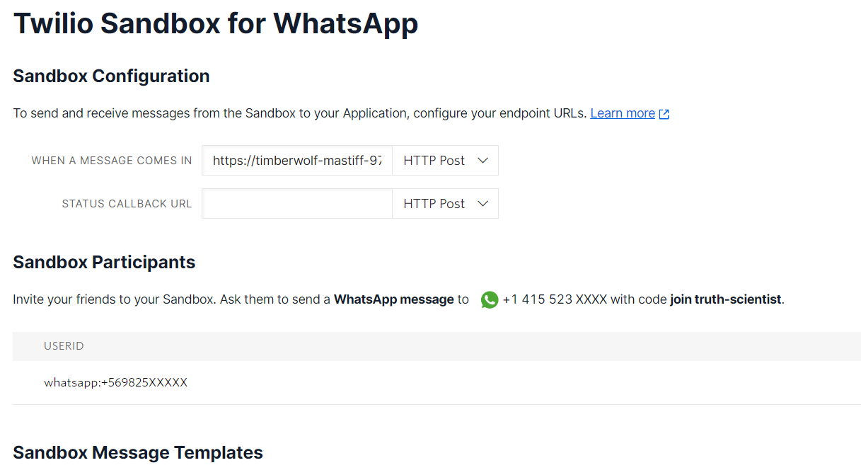 Twilio Sandbox for WhatsApp form with the settings to enable your Twilio Phone Number.