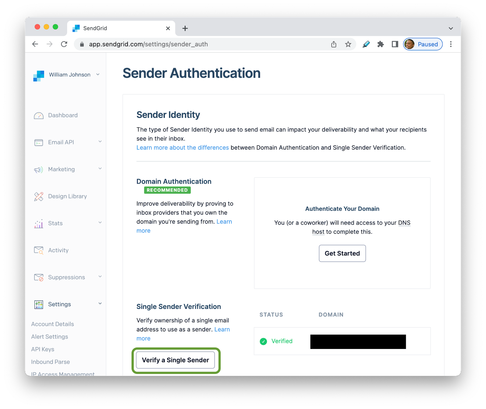 SendGrid"s Sender Authentication Page with Verify a Single Sender button highlighted