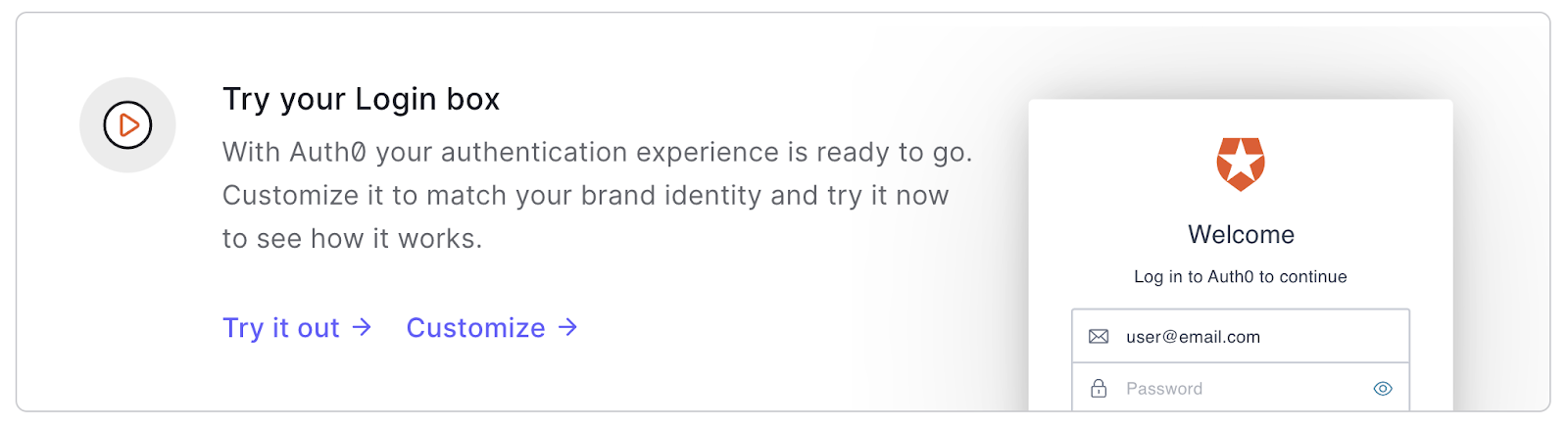 Auth0 Getting Started page Try out your login box section