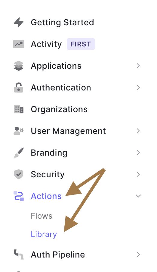 Auth0 dashboard menu with Actions and Library selected