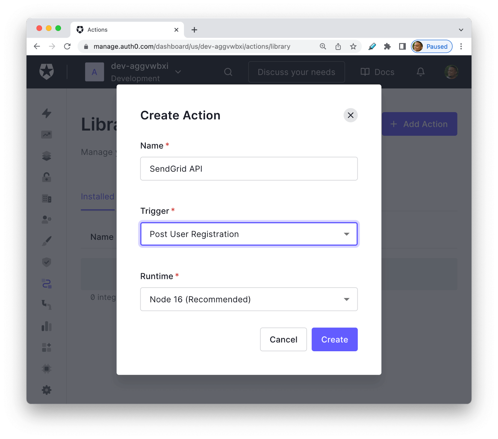 Create Action modal in Actions library