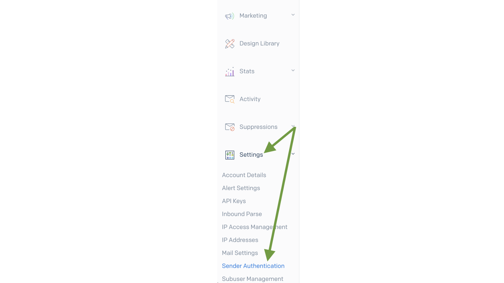 Sender Authentication button in Settings tab on SendGrid