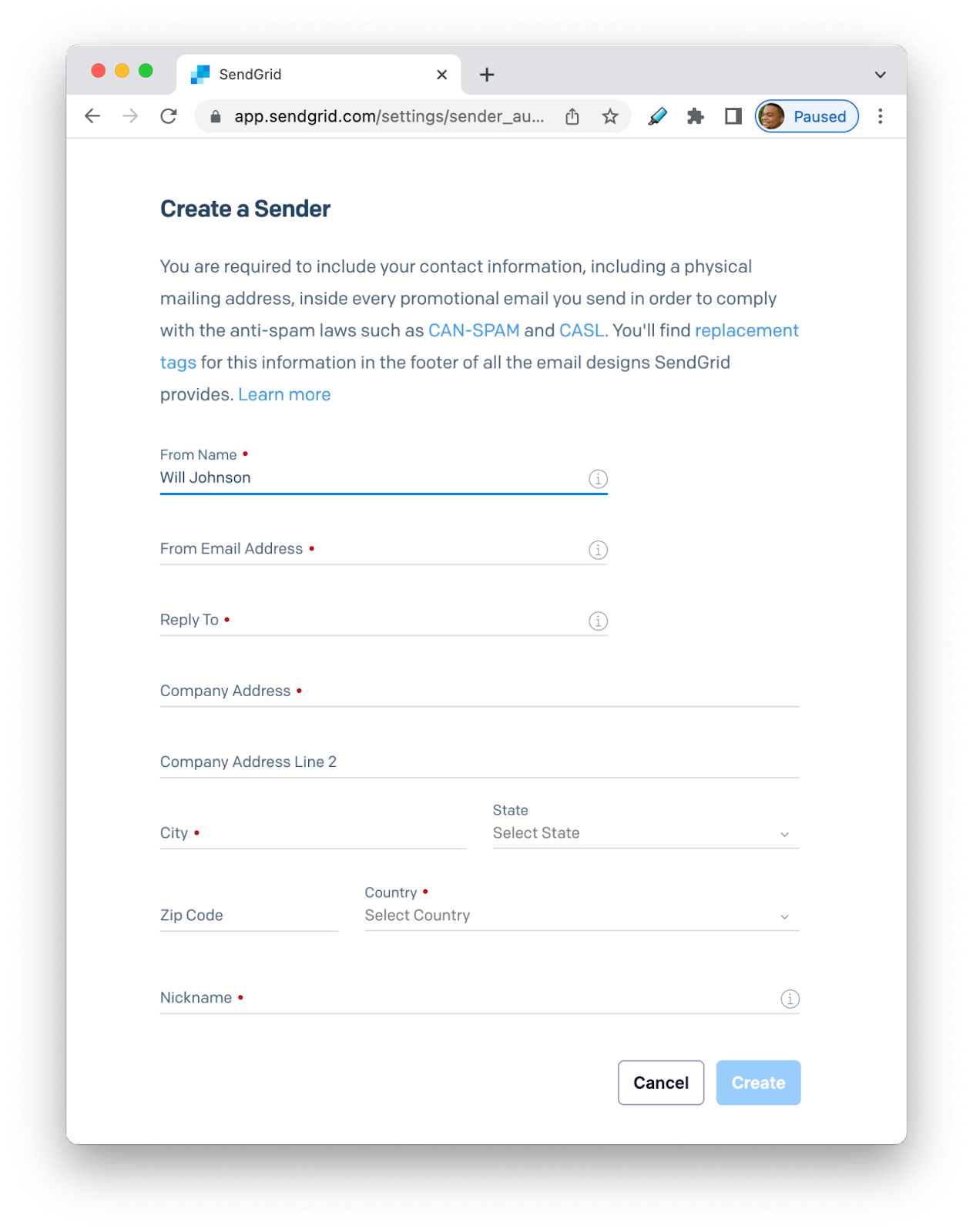 SendGrid Create a Sender modal