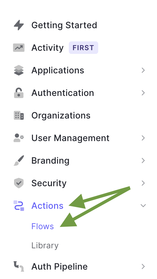 Auth0 Dashboard menu tap with Actions and Flows items highlighted