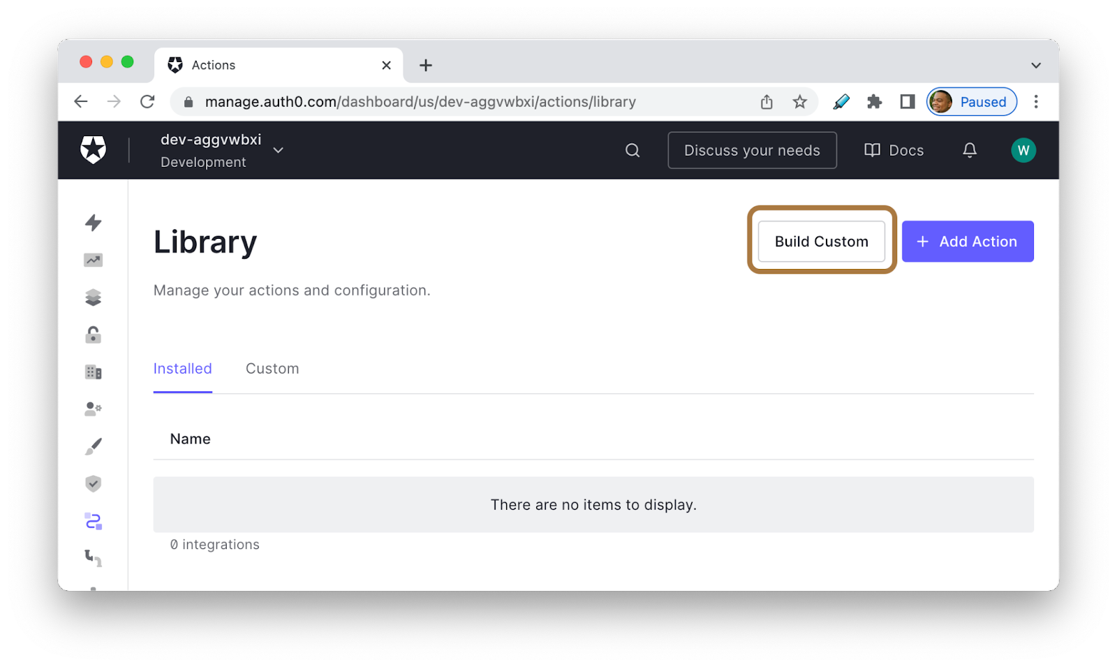 Auth0 Actions Library Page with Build Custom button highlighted