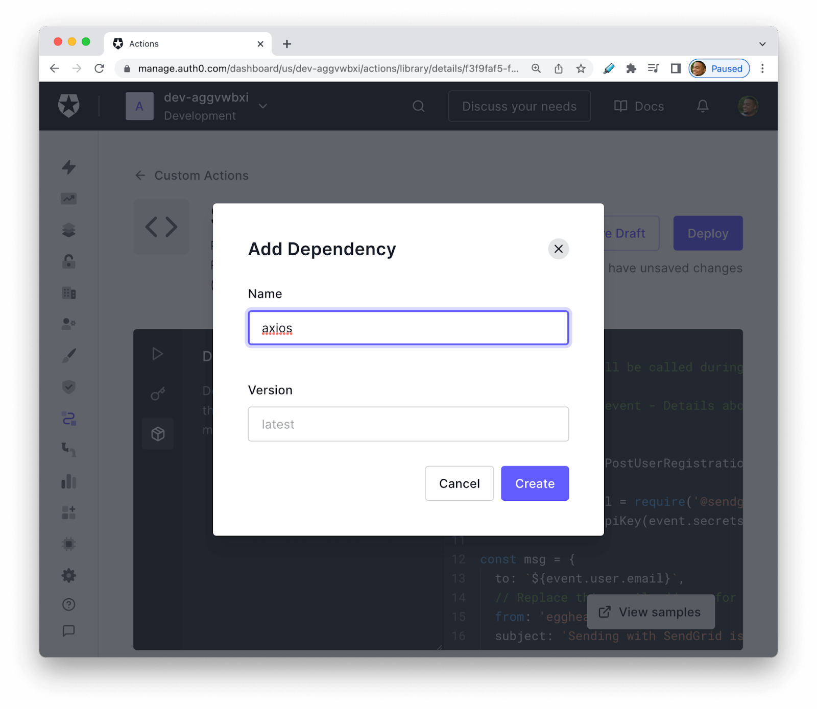 Axios typed into add dependency page