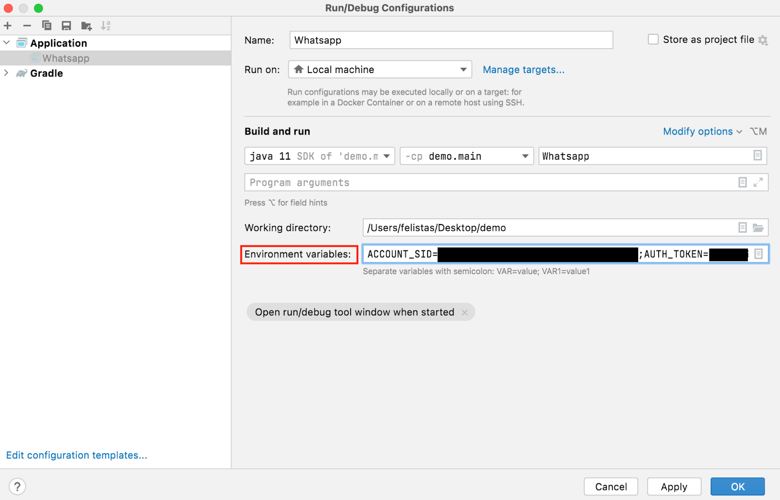 edit configurations to add twilio environment variables