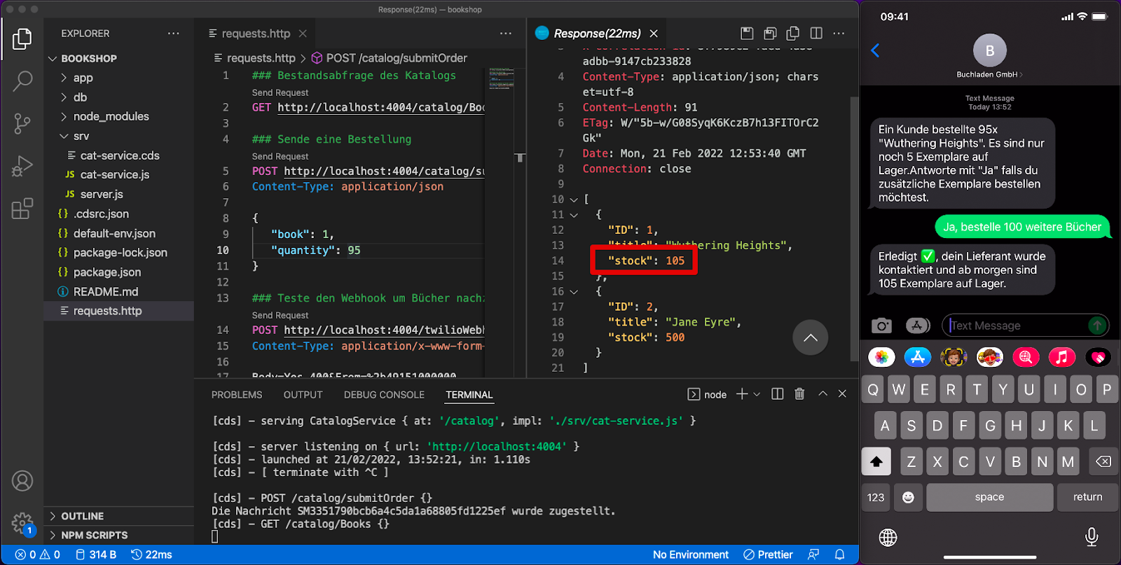 Ein Screenshot von Visual Studio Code und  einem Smartphone der den SMS Verlauf anzeigt.