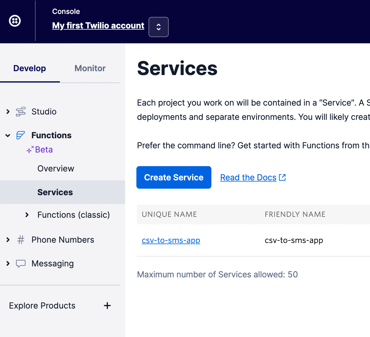 Twilio Console - Services