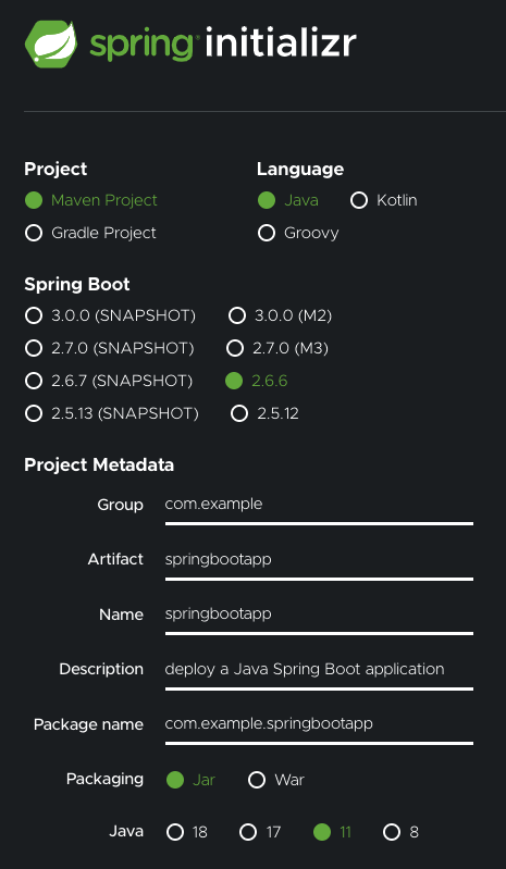 The spring initializr form with Maven selected as the project type, Java as the language, 2.6.6 as the Spring Boot version, Jar as Packaging, and 11 as the version of Java. The artifact text field is set to "springbootapp".