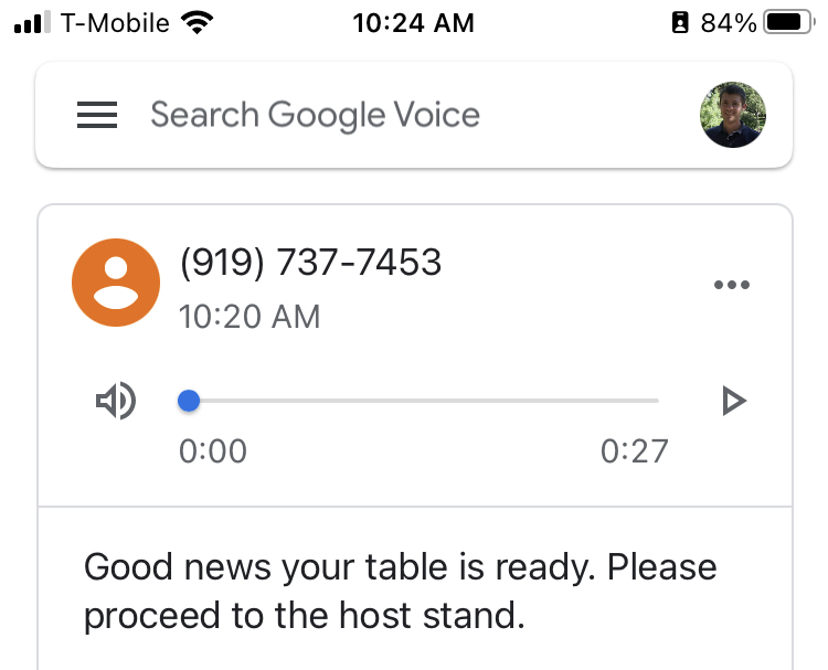 Example of a voicemail automatically transcribed