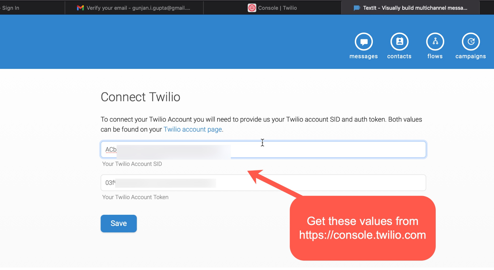 Enter Twilio credentials inside TextIt