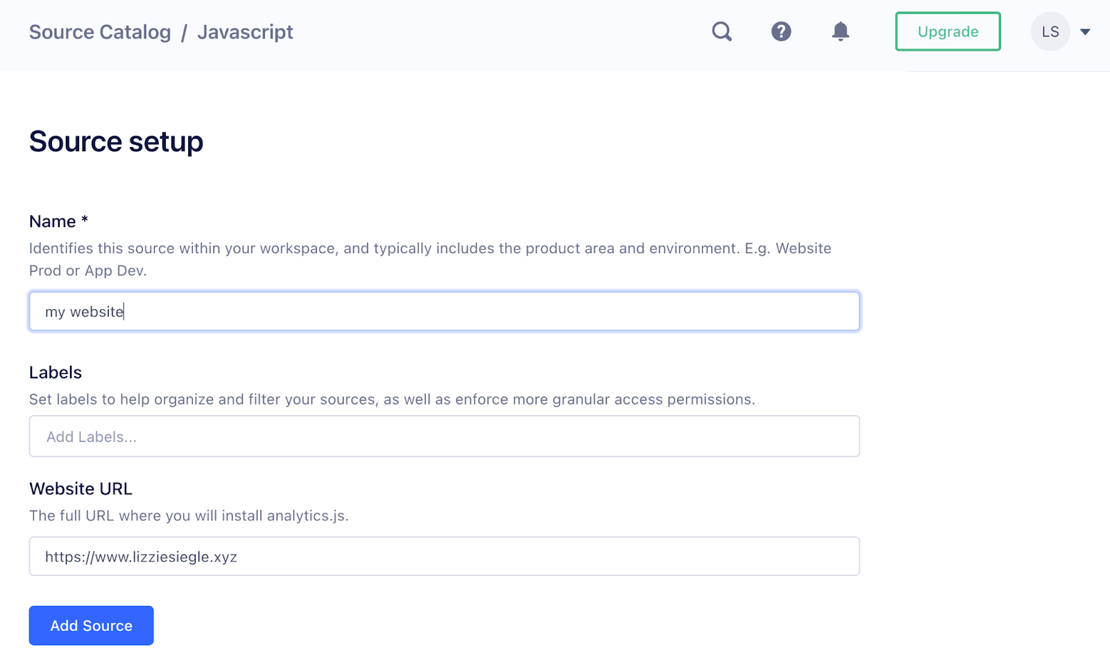 source setup with labels and website URL