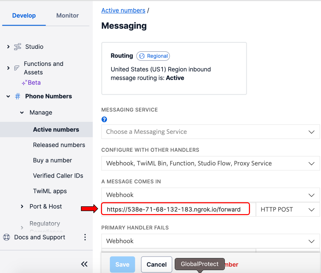 Twilio Phone Number configuration form where the phone number is configured to send text messages to a webhook with the ngrok Forwarding URL.