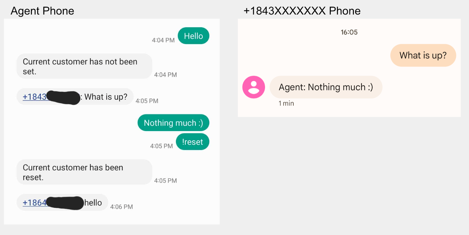 Screenshots of agent and one of the customers, showing an SMS interaction between the two