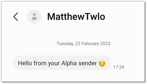 Screenshot - application de messagerie montrant un message reçu d"un expéditeur alpha numérique du nom de "MatthewTwlo".