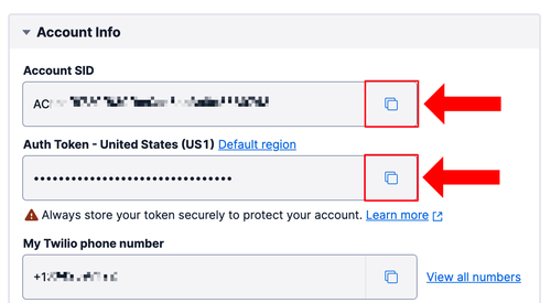 Les 3 champs contenant votre Account SID, votre Auth Token,  et votre numéro de téléphone Twilio.