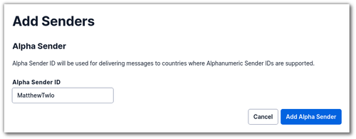 Un formulaire pour ajouter l"identifiant de l"expéditeur alphanumérique aux expéditeurs du service de messagerie. Il contient un champ obligatoire : Alpha Sender ID.