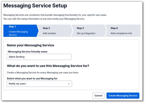 Etape 1 "Créer un service de messagerie". Cette étape contient un formulaire avec un champ obligatoire : le nom convivial. Il y a un bouton "créer un service de messagerie" pour passer à l"étape suivante. 