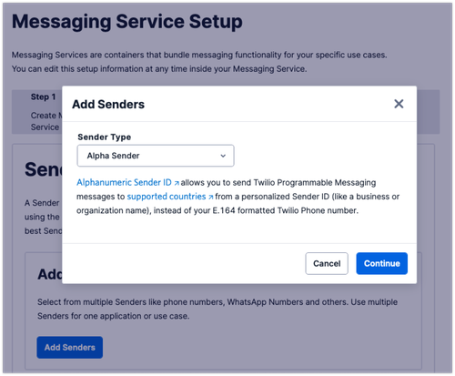 Screenshot - Lors de l"étape 2 de la configuration du Messaging Service, vous pouvez appuyer sur le bouton pour ajouter un expéditeur. Lorsque vous le faites, une boîte de dialogue s"ouvre vous demandant le type d"expéditeur ; choisissez "Alpha Sender" (expéditeur alphanumérique)