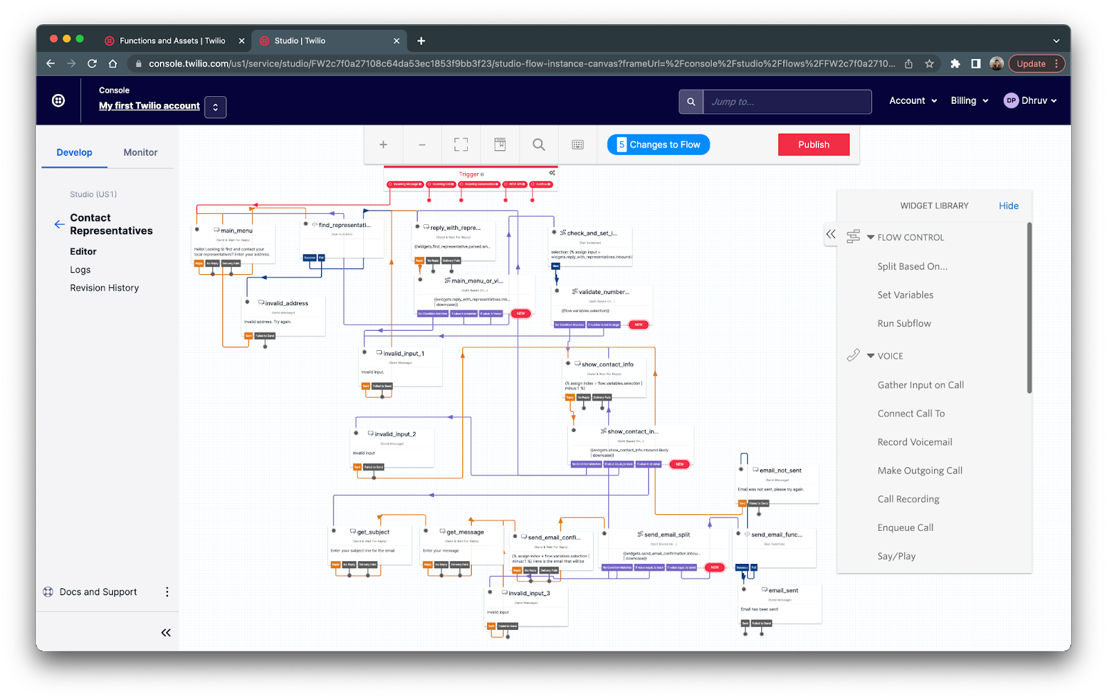 Contact representatives flow UI on Twilio Studio