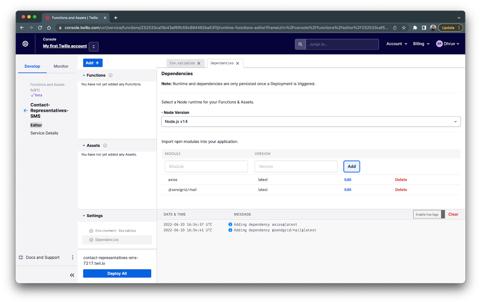 Dependencies section of Functions service