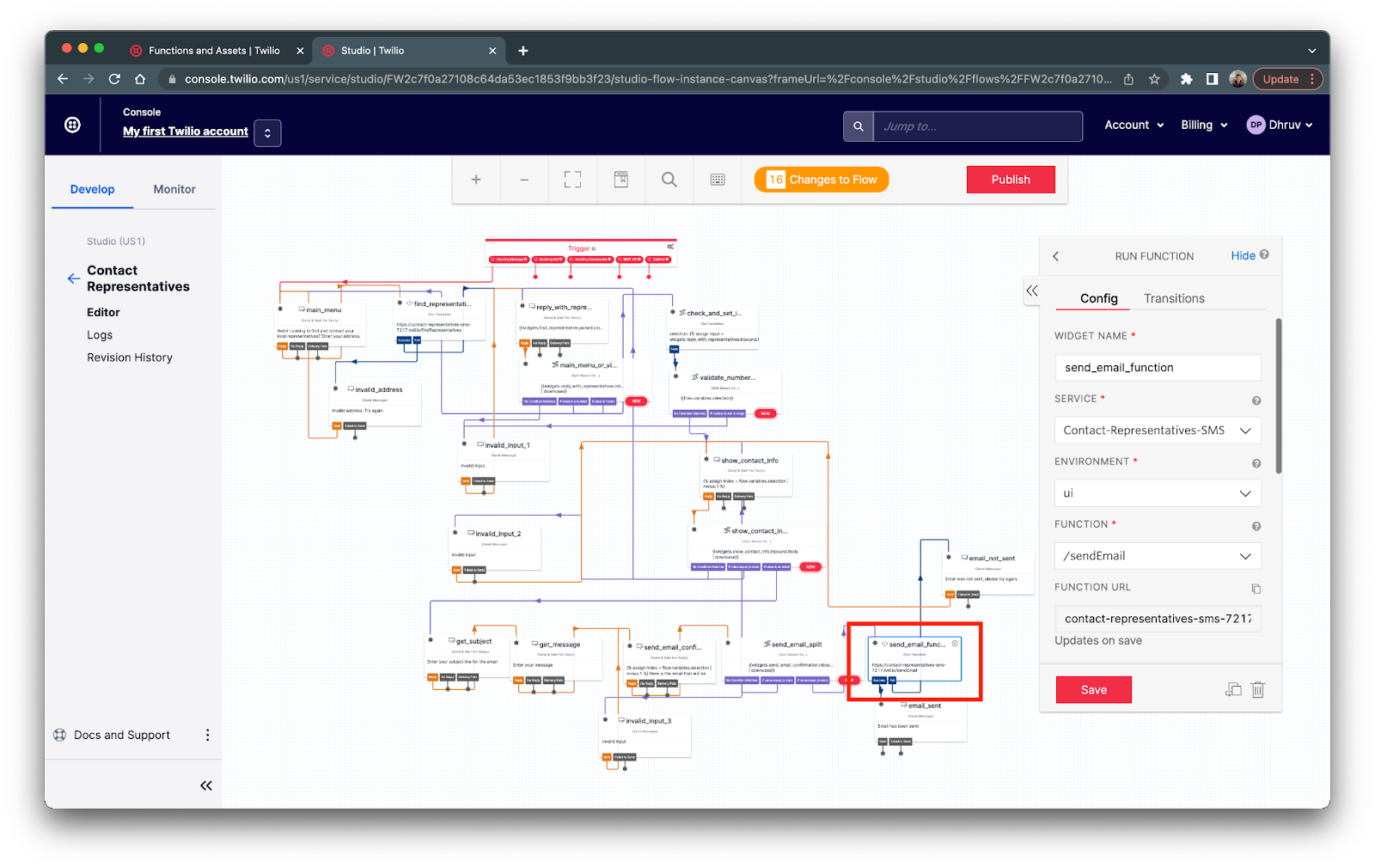 send_email_function widget selected on the Twilio Studio UI