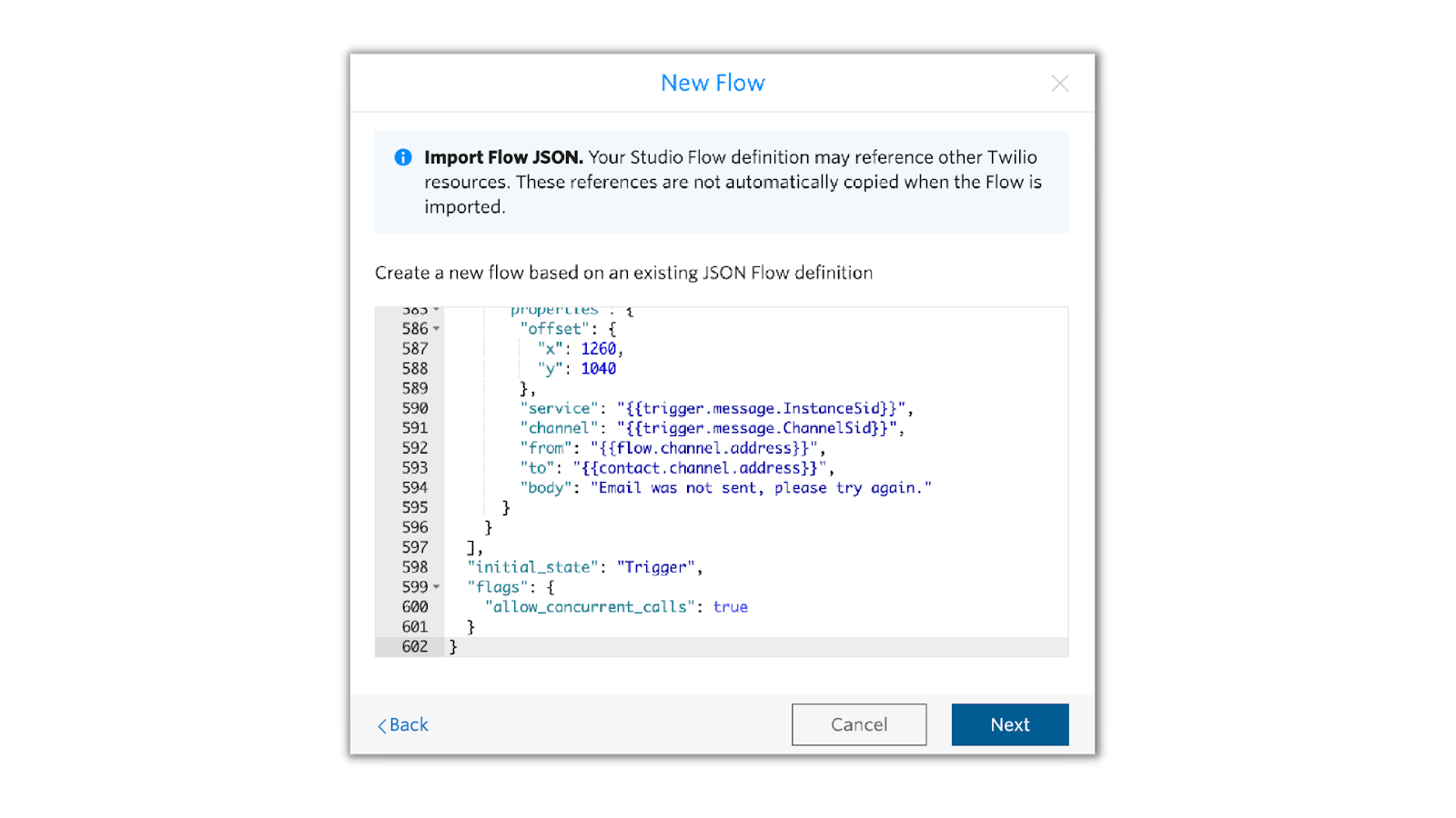 JSON flow in textbox of import flow from JSON selection