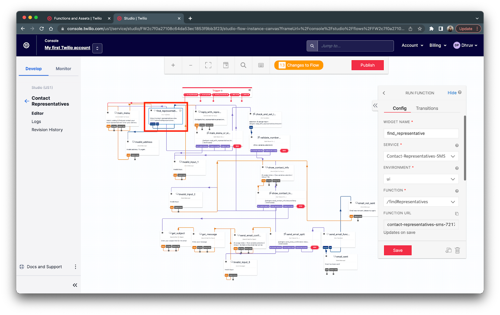 find_representatives widget selected on the Twilio Studio UI