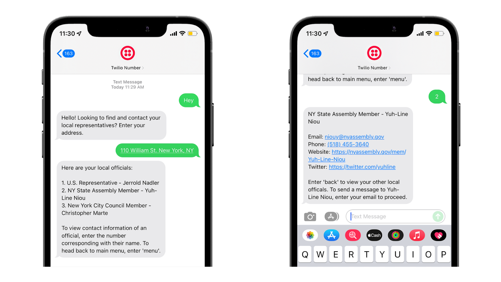Phone screenshots of texting twilio number with address and the having the response be local representatives
