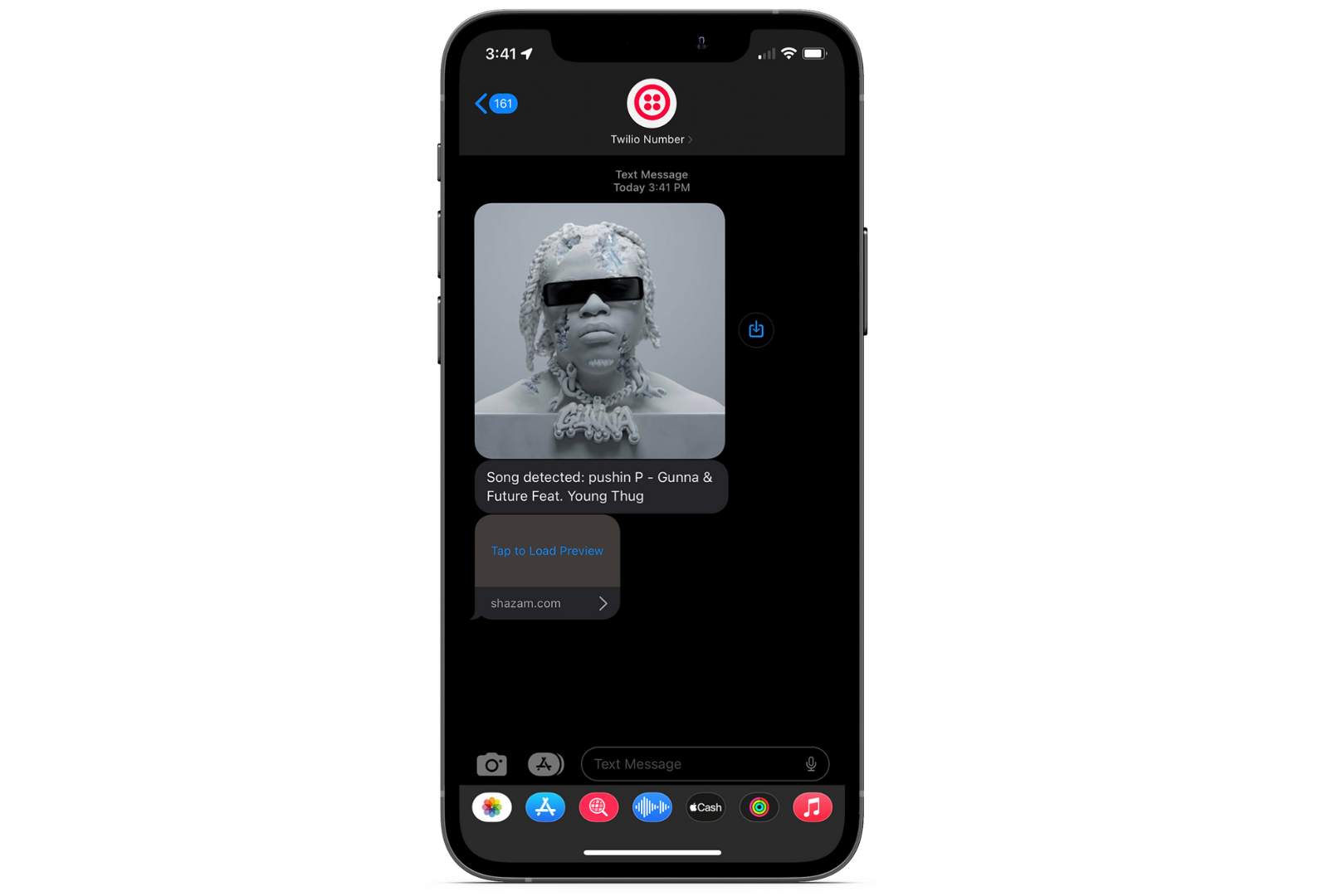Phone screenshot of messages response from Twilio number showing a song cover art, title, artist name and shazam link.