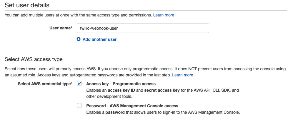 IAM user creation page with the "user name" field set to "twilio-webhook-user", and "AWS credential type" set to "Access key - Programmatic access".