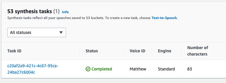 Amazon Polly S3 synthesis task details showing task ID, status, voice ID, engine and number of characters