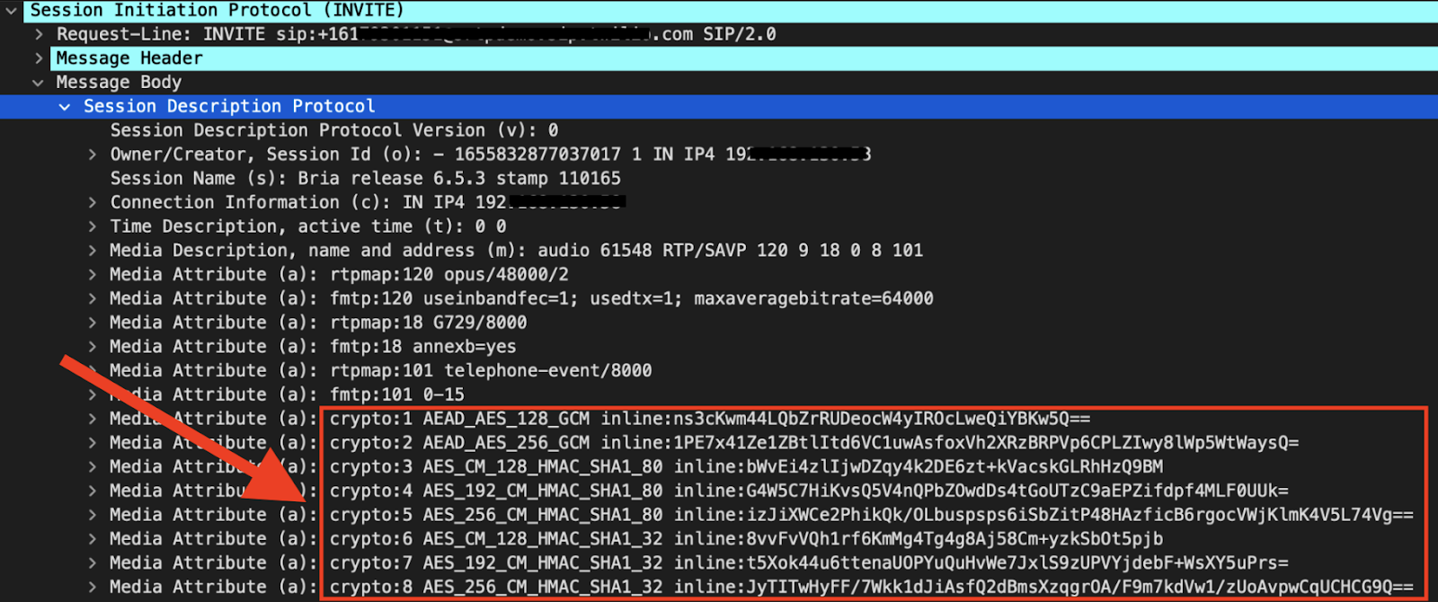 Crypto attributes in the SDP of a SIP INVITE