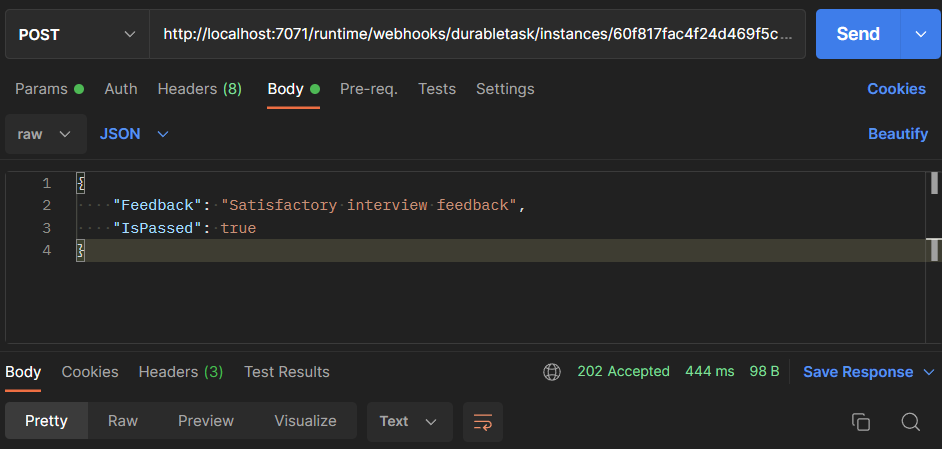 Postman app sent an HTTP POST request to sendEventPostUri to send the