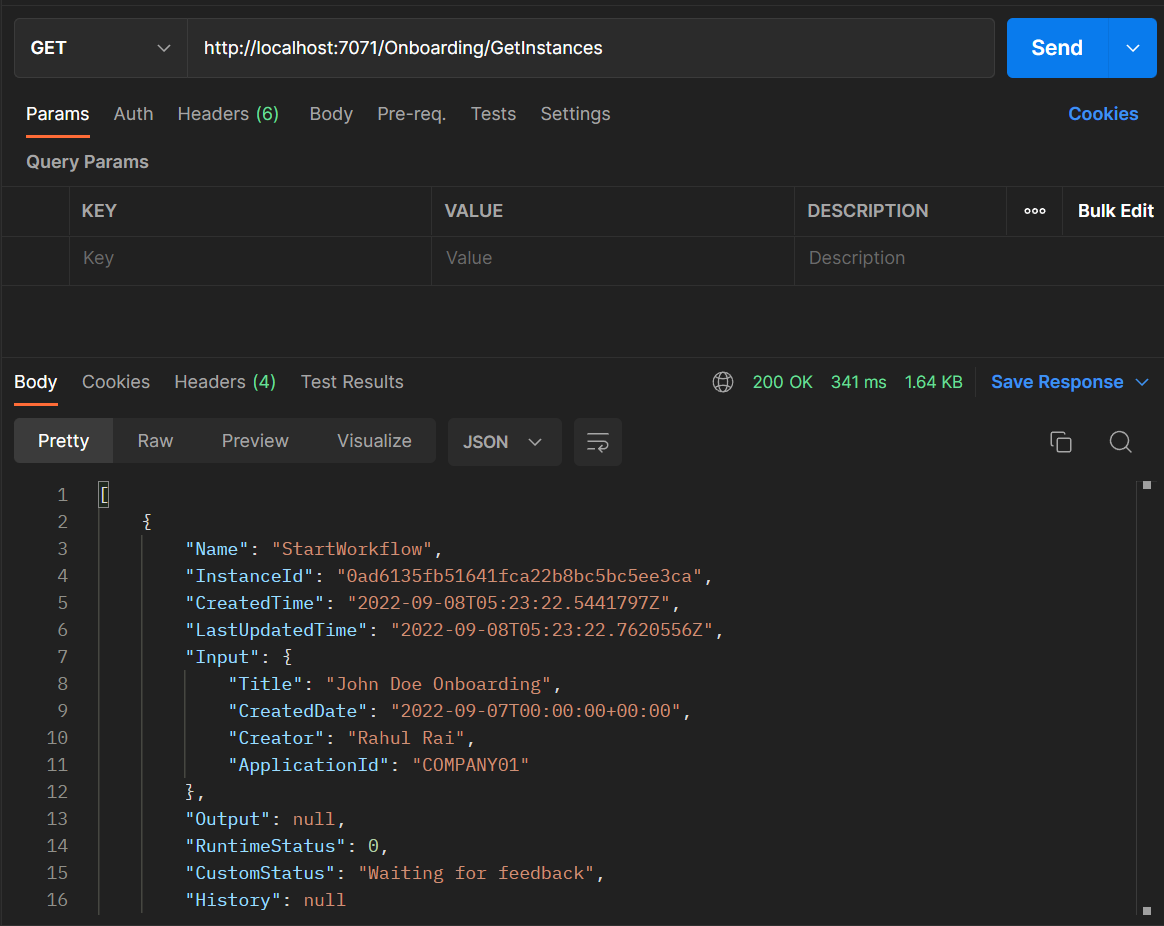 Postman app sent a HTTP GET request to /Onboarding/GetInstances which responds with status code 200 and a body containing a JSON array of instances.