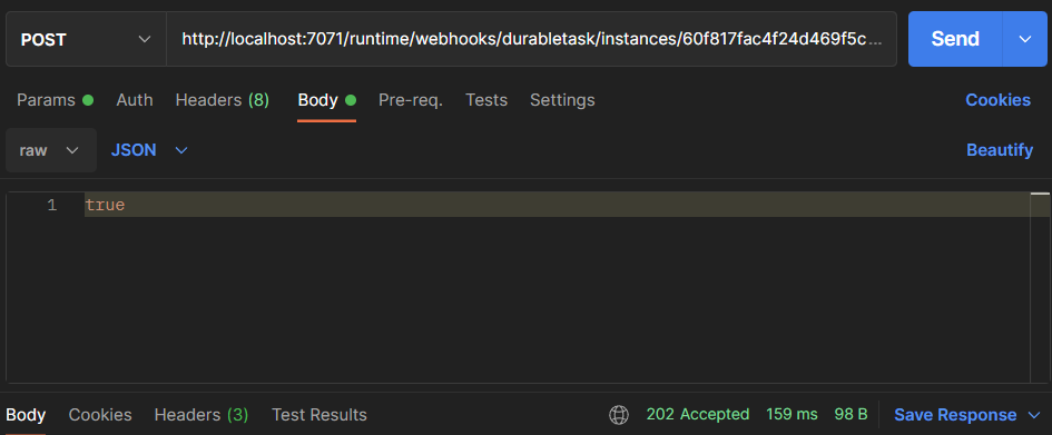Postman app sent HTTP POST request to sendEventPostUri to send SubmissionApproval event with body
