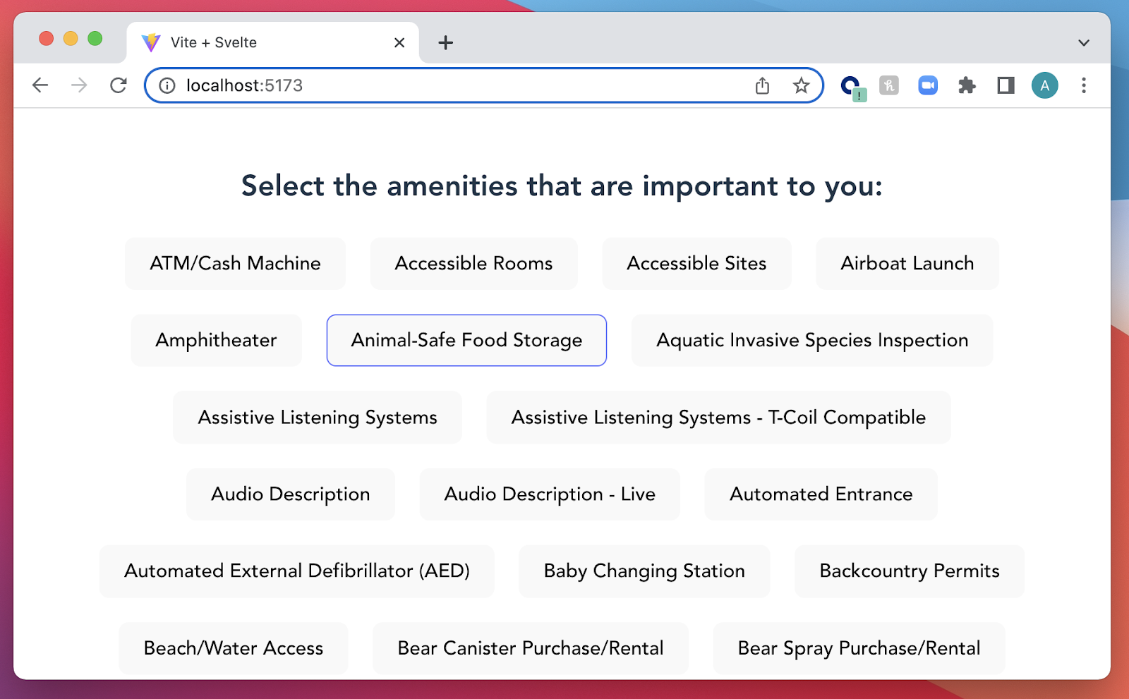 Screenshot showing "select amenities that are important to you" screen