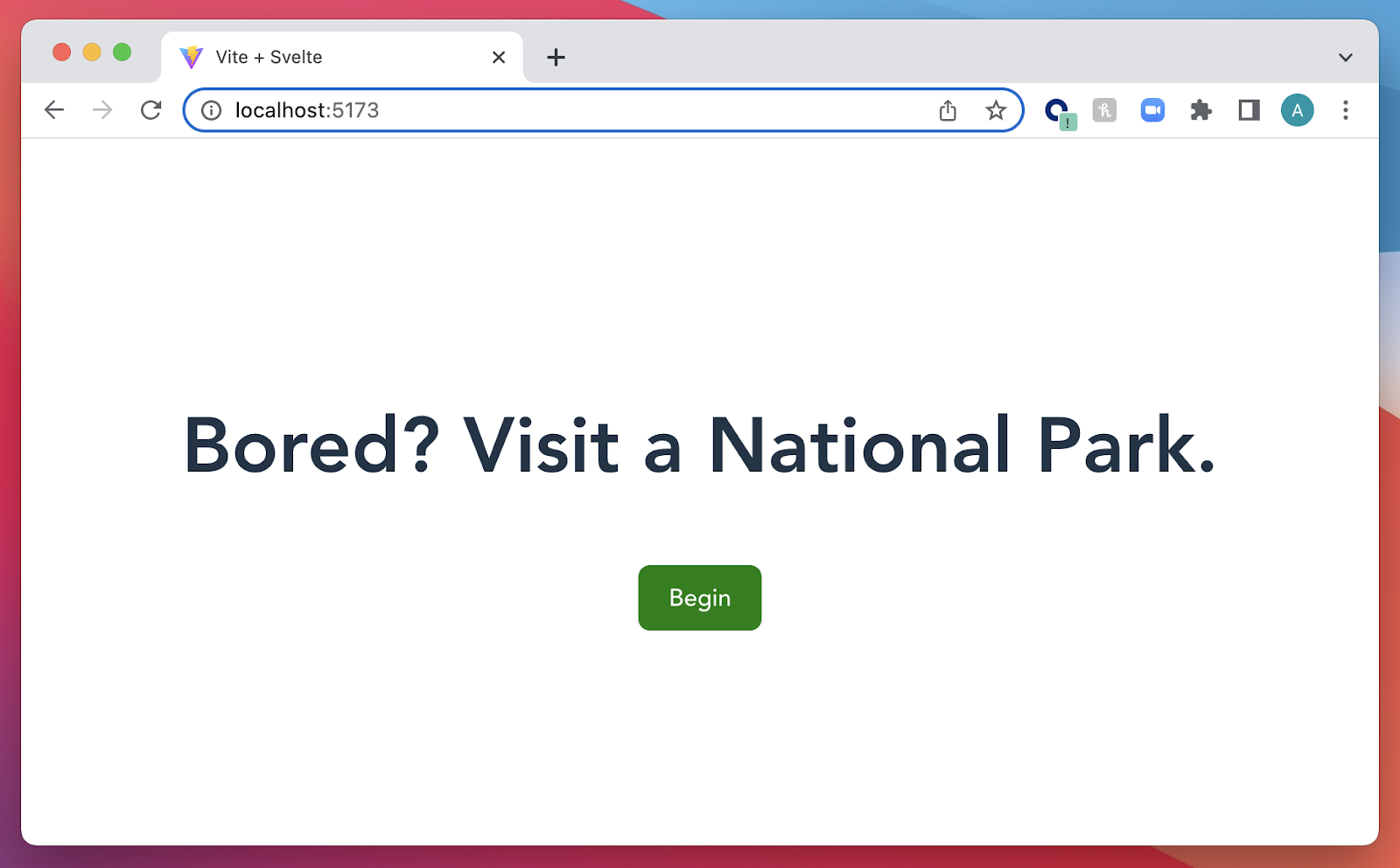 App welcome screen that says "bored? visit a national park."