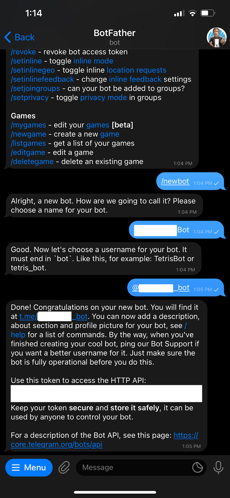 Creating a new telegram bot with BotFather