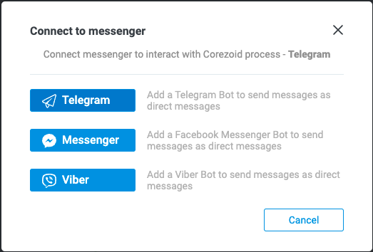 Hit the Corezoid "Connect to Messenger" button