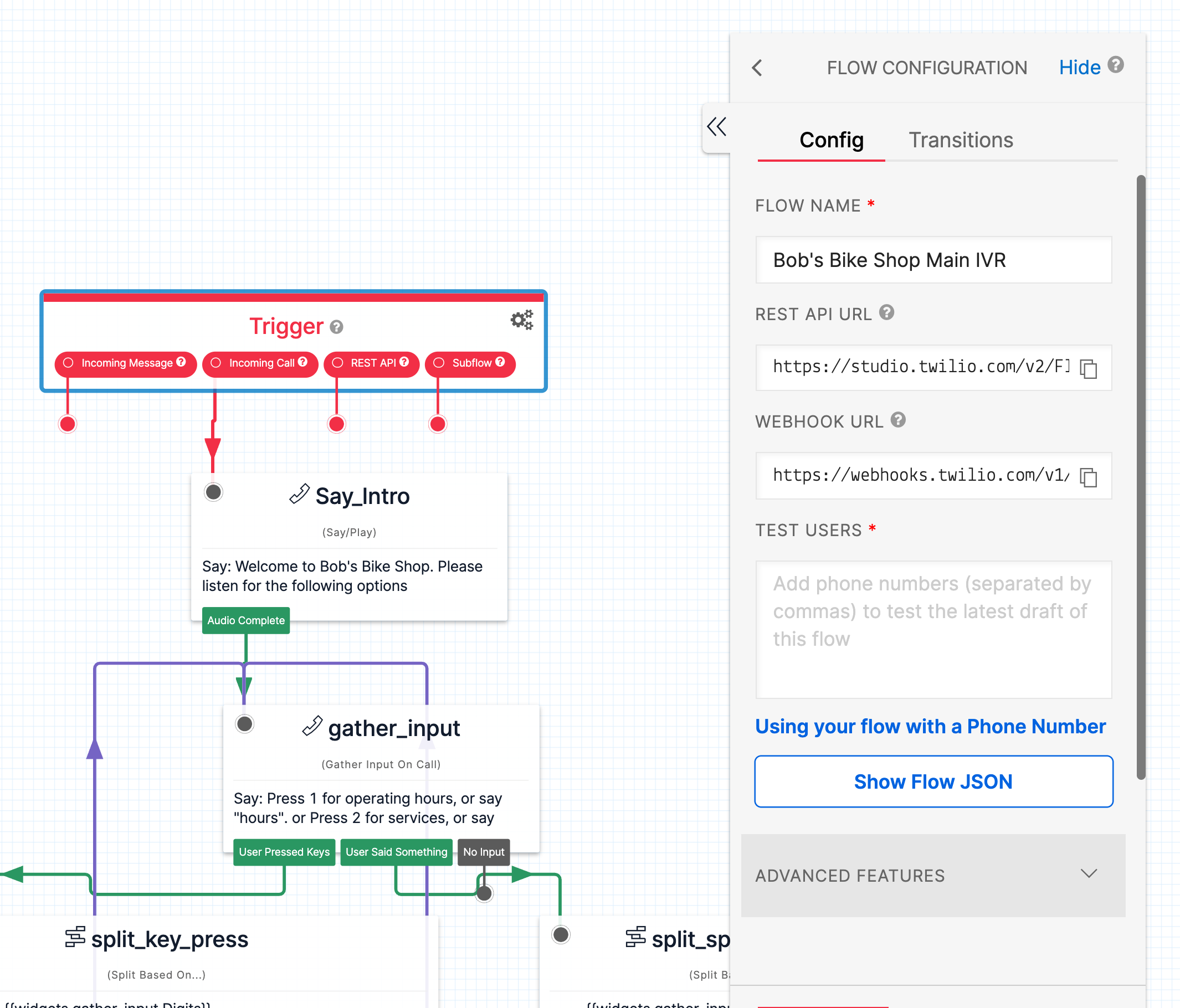 Template IVR default workflow showing JSON import