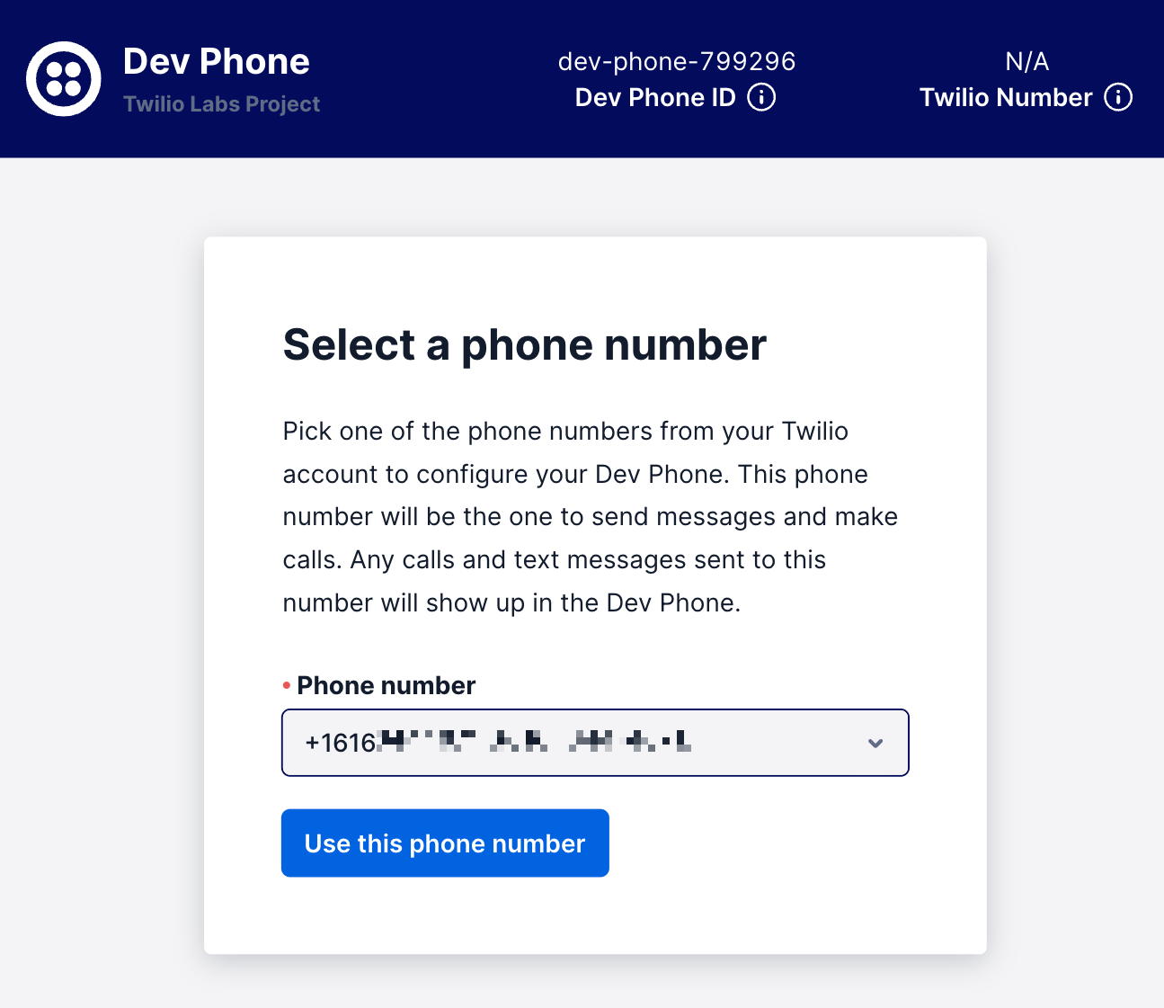 Form with a dropdown field to select your Twilio Phone Number.