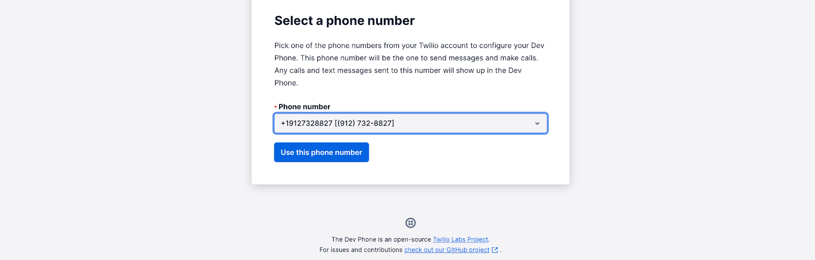 Select a phone number to associate with the Dev Phone