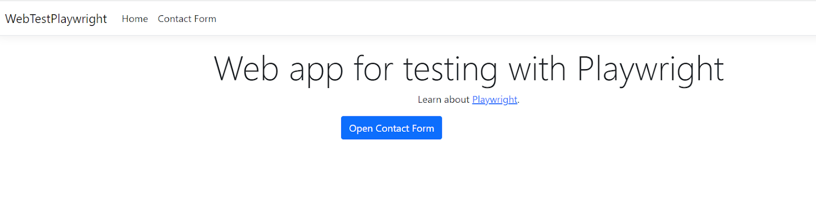Home page of the web application to be tested with a button that opens a form on another page.