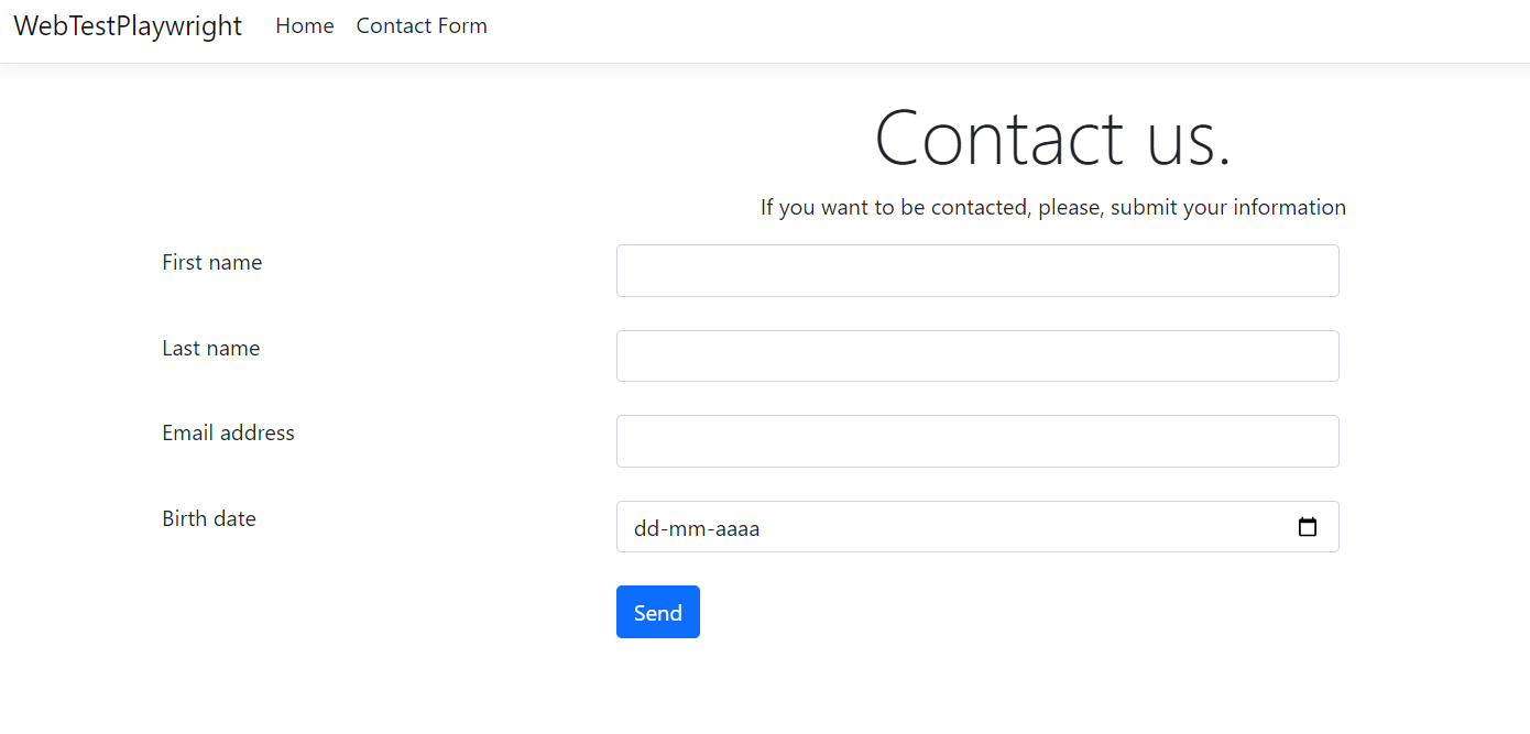 Page of the web app that contains the contact form, with the fields