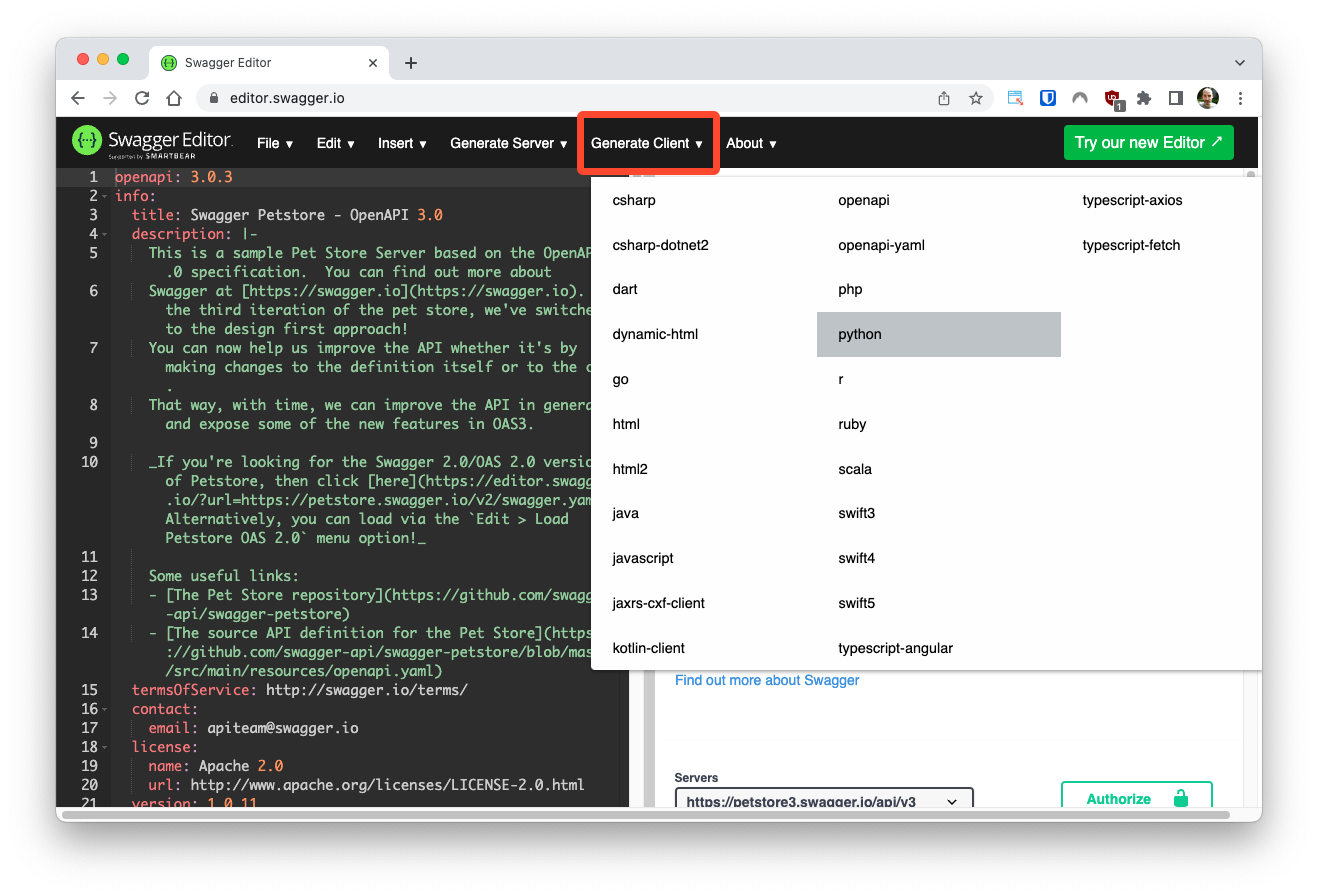 Generate Client option in Swagger Editor