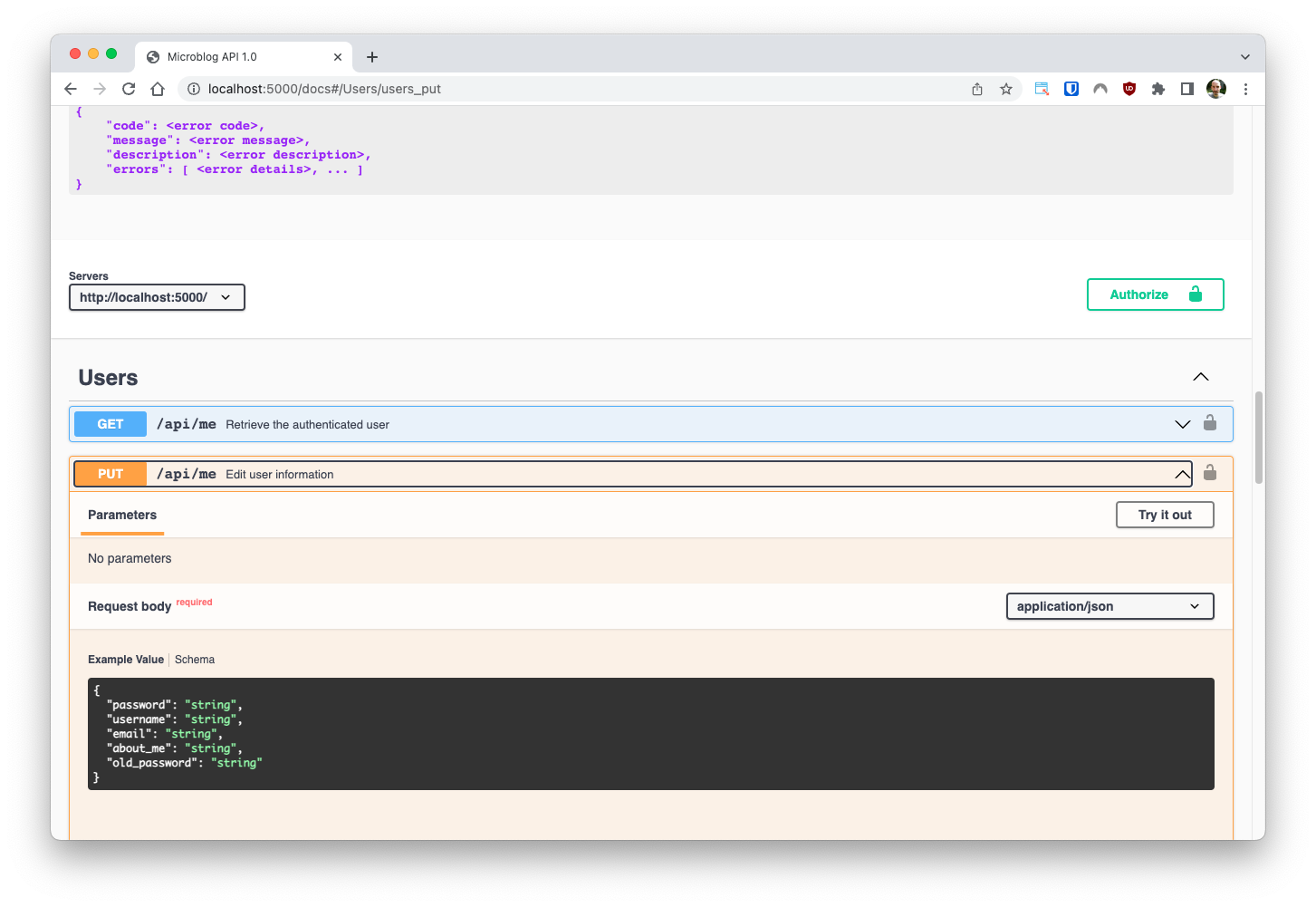Screenshot of API documentation rendered with Swagger UI