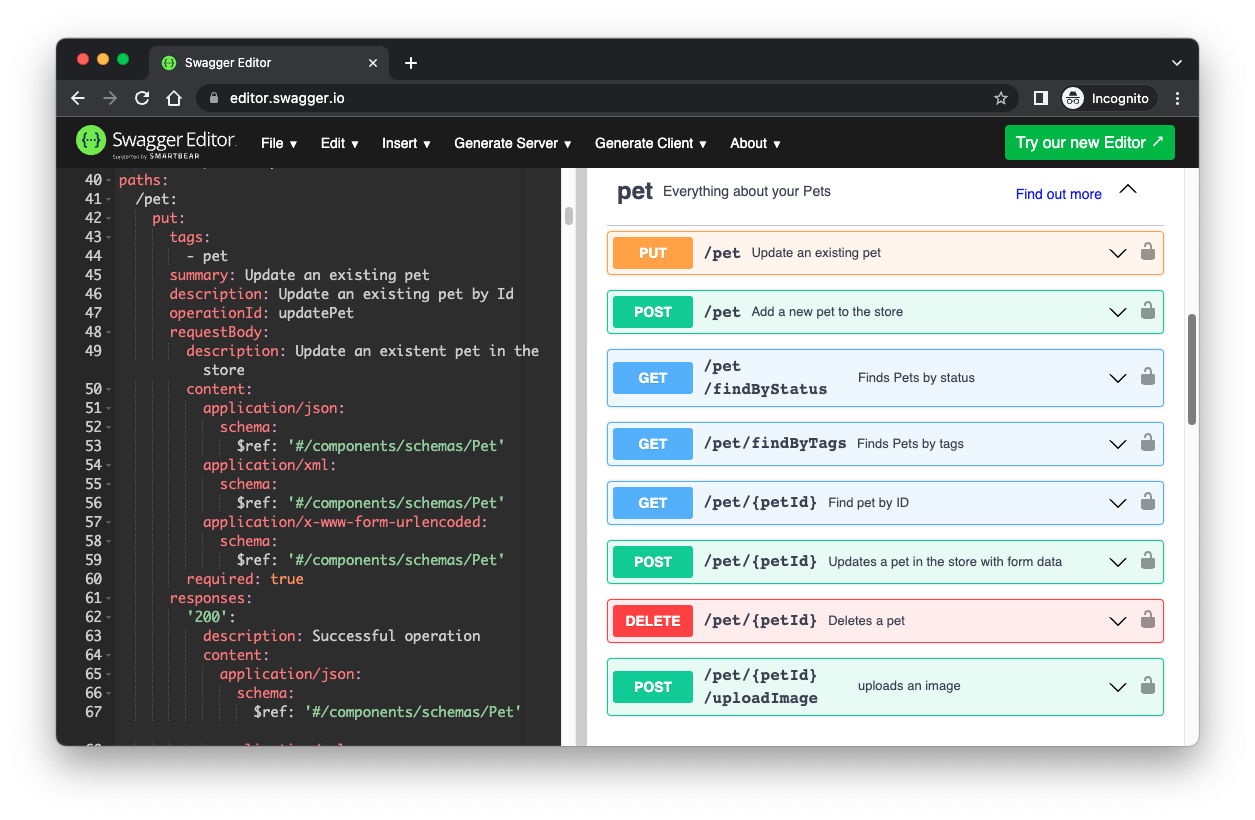 Screenshot of the Swagger Editor